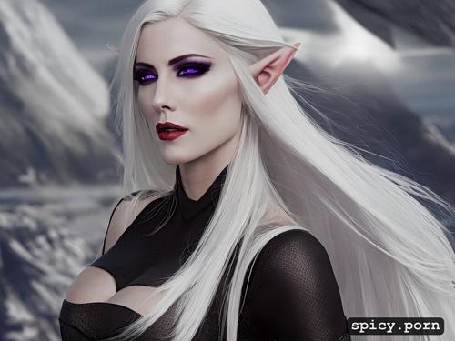 long straight white hair, perfect slim albino female elf, nude