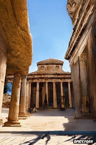 stunning face, pale skin, traditional greek woman, topless, historical greek buildings in the background