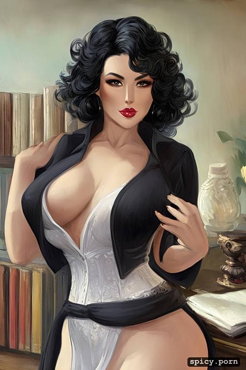 library, 35 years, curly hair, hourglass figure body, blouse