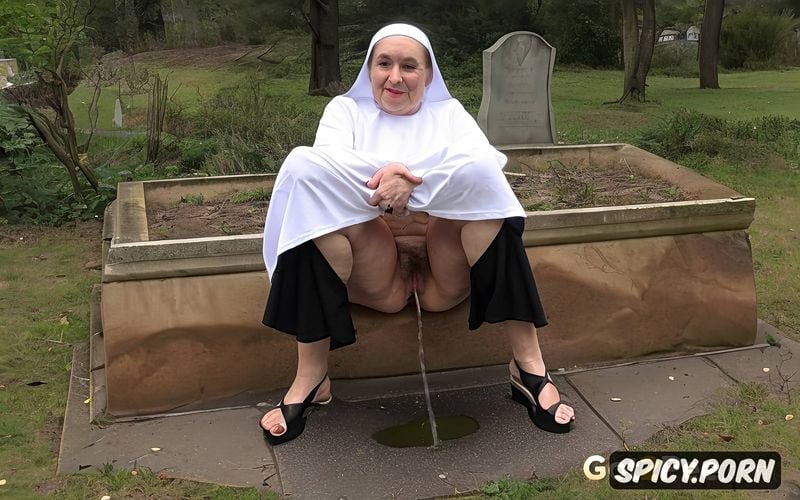 fat, insane, an ultra realistic nun grandmother, gigantic tits out of the dress