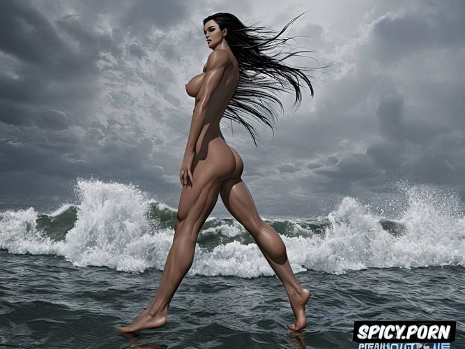 superdetailled very tall shemale witch nude naked, walking on water surface oiled body