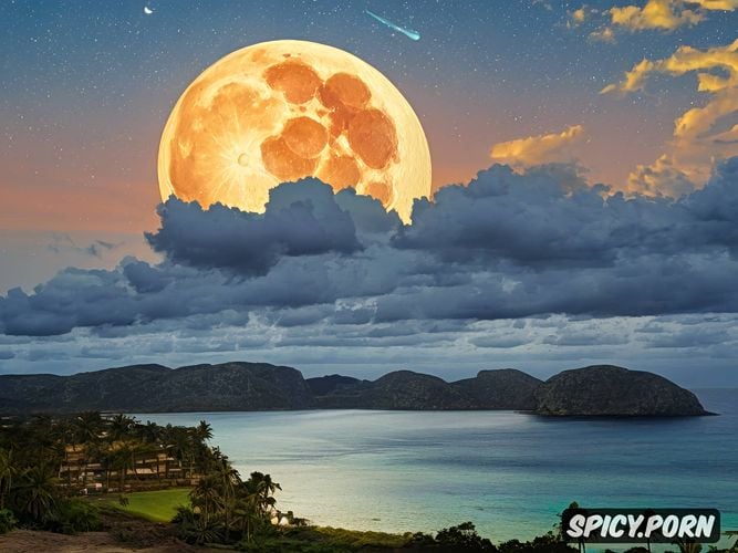 young women, hiqh quality picture, clouds, full moon, palm island in the background