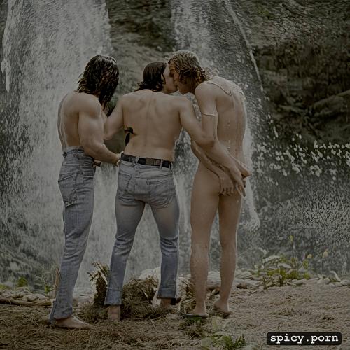 all naked, ripped open jeans, kissing and pissing each other on the ass