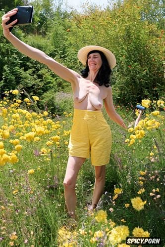 selfie, yellow summer hat, nice legs, smiling, pale skin, petite