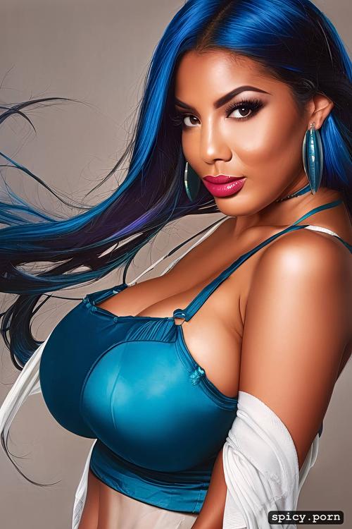 blue hair, happy face, big boobs, long hair, 18 yo, latina lady