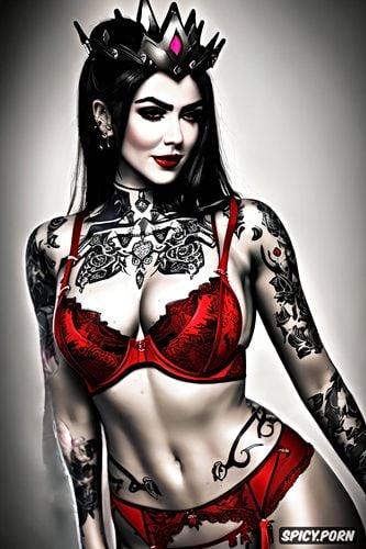 high resolution, ultra detailed, ultra realistic, widowmaker overwatch beautiful face young slutty low cut red lace lingerie tiara tattoos masterpiece