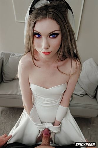 wide open eyes, short ripped white wedding dress, futa with a tiny penis