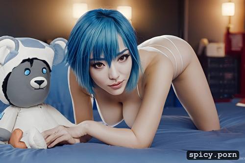 fit body, blue hair, tanned, kneeling in bed, completely naked