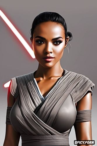 high resolution head shot, ultra detailed, rey star wars beautiful face slutty black jedi robes small perky natural breasts