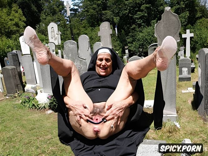 spreading hairy pussy, old granny, cemetery, gravestone, point of view