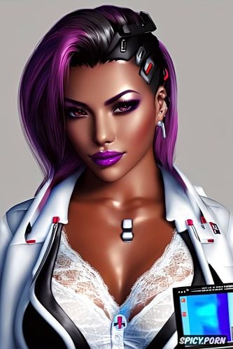 k shot on canon dslr, ultra detailed portrait, masterpiece, sombra overwatch female nurse black nurse scrubs white undershirt scrub top opened beautiful face full lips milf