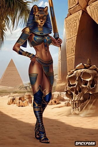 fit body with lioness face, lioness headed egyptian goddess woman sekhmet armed with swords walking through a desolate desert with human skulls and skeletons in the sand