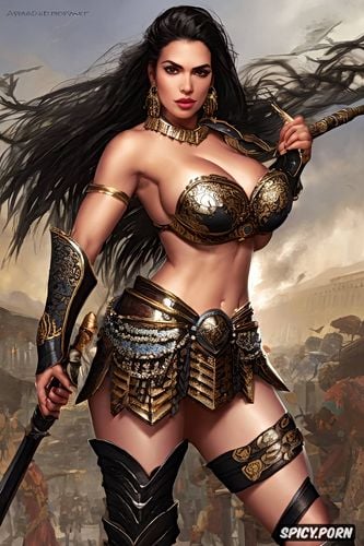 wearing armor, pale skin, curvy body, fantasy, female gladiator