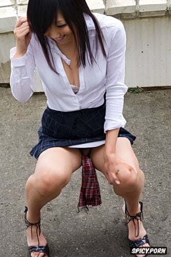 smile, natural, looking at phone, squatting astride, white blouse