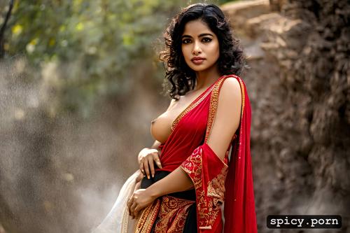 black curly hair, nude, full view, red saree, village, indian women