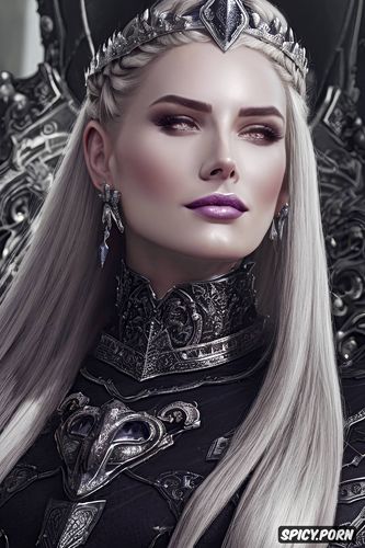 throne, long silver blonde hair in a braid, tiara, ultra detailed face shot