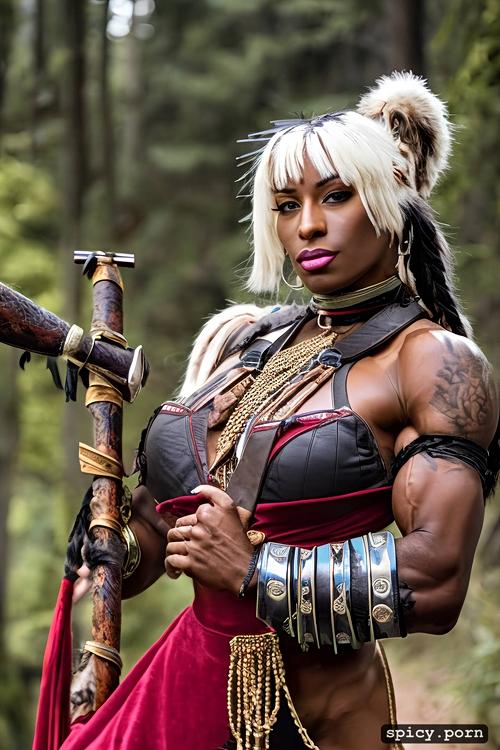 ultra dark skin, native american milf, medieval fantasy warrior