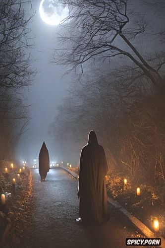 scary glowing grim reaper, moonlight, foggy, some meters away