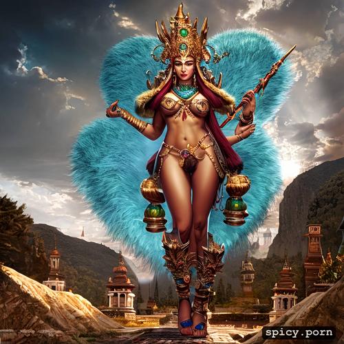 hindu devi, standing, crown on head, naked body, tall, hairy