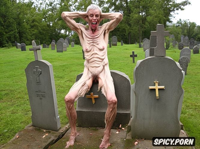 cemetery, zombie, empty tits, skeletal, showing very hairy armpits