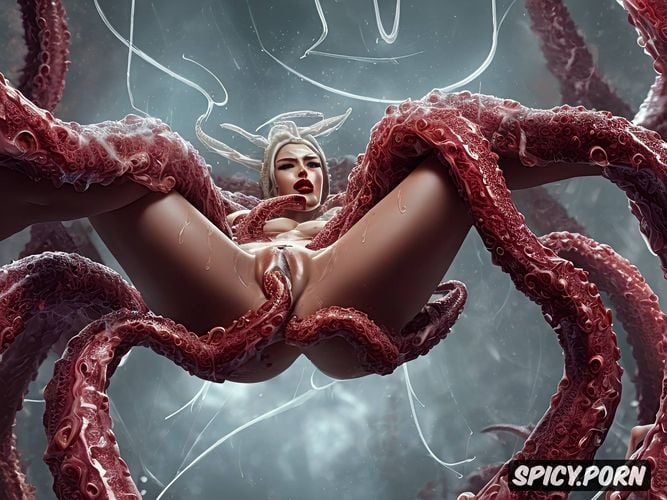 legs spread, pussy inseminated by swollen tentacle, high heels