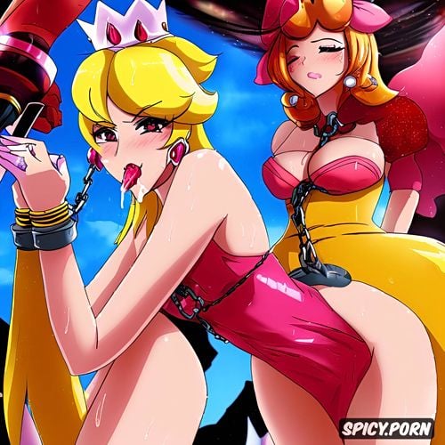 blonde hair, bukkake, princess peach, extremely petite, wrist restraints