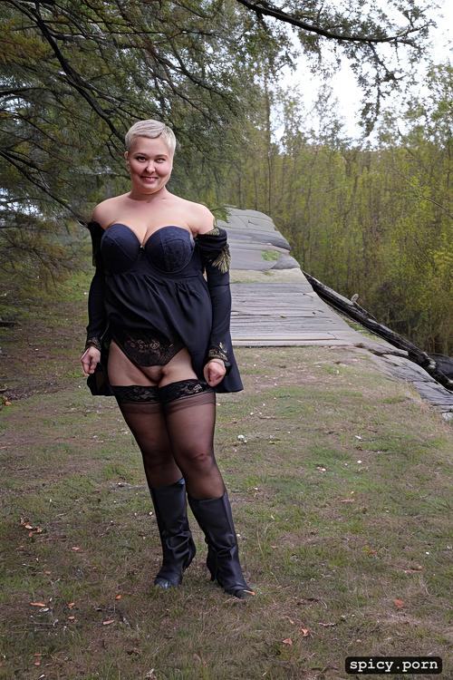 completely huge floppy saggy breasts on fat russian mature woman with large hairy cunt fat stupid cute face with small nose halfsmiling semi short hair standing straight outdoors in siberian small city