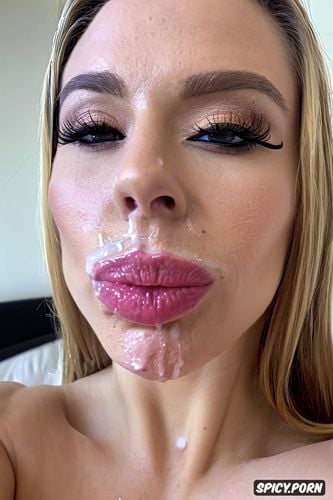 cucksnap, long straight hair, pouting cheeks, real amateur selfie of a white swedish cute teen girlfriend with cum on her face