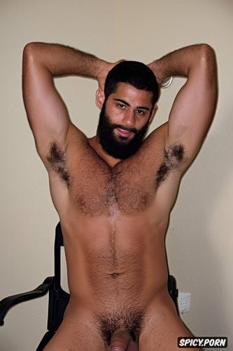 hairy body, armpits, arms up, sexy, arab, he is sitting on a chair