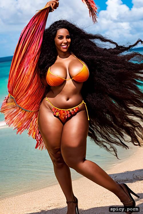 giant hanging tits, high heels, long hair, color portrait, 28 yo beautiful white caribbean carnival dancer