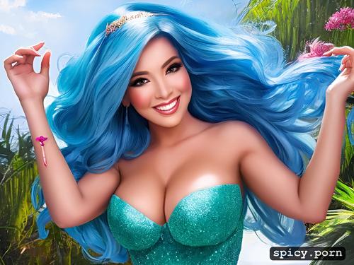 colorful hair, nude, disney princess, smiling, full body, large breasts