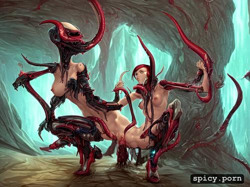 beautiful sex goddess, pussy visible, biomechanical monsters with dicks