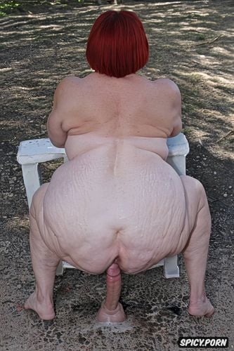 rear view, pastel colors, hyper detailed, hyperrealistic pregnant pissing muscular thighs red bobcut haircut