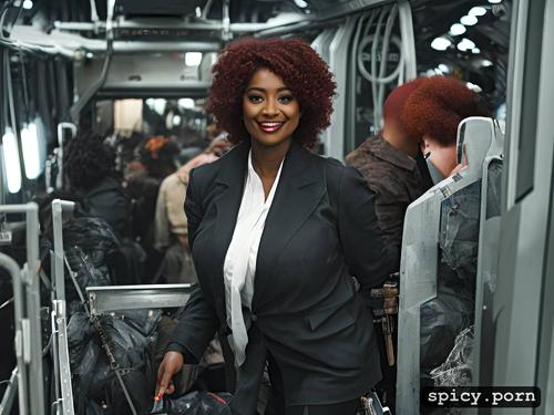 nigerian, bbw, on a train, red hair, smiling, full body, dark skin