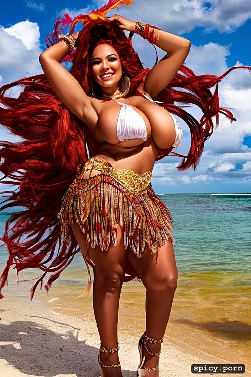 giant hanging tits, high heels, long hair, color portrait, 24 yo beautiful white caribbean carnival dancer