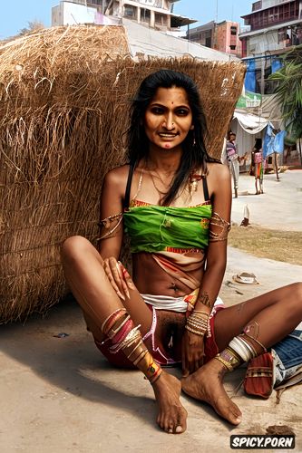 real life indian female impoverished panhandler wearing tattered modern clothes reluctantly spreading wide to reveal pussy to the viewer