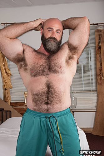 solo very hairy gay muscular old man with a big dick showing full body and perfect face beard showing hairy armpits football coach chubby body