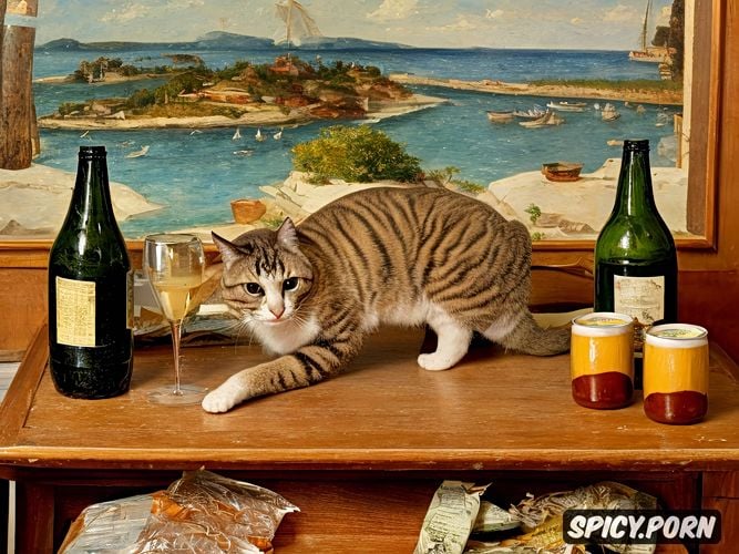 tuna in oil, garlic on a old wooden table, cats, the image shows a still life stilllife