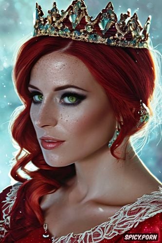 tattoos masterpiece, ultra detailed, triss merigold the witcher beautiful face young tight low cut red lace wedding gown tiara