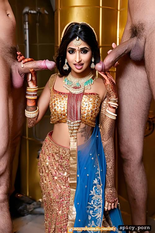 sexy indian bride with short dark hair, ultra realistic photo highly detailed and proportional realistic human face with proportional realistic cum all over face