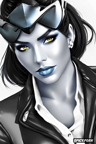 widowmaker overwatch female president of the united states black blazer white shirt shirt unbuttoned beautiful face full lips milf