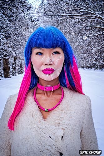 pov, hair color blue, closeup, hot pink lipstick shade, eye color blue she wears a pink furry choker necklace background oregon trail in snowy winter