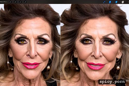 heavy makeup, in a face portrait, milf, 80 year old, contour cheeks