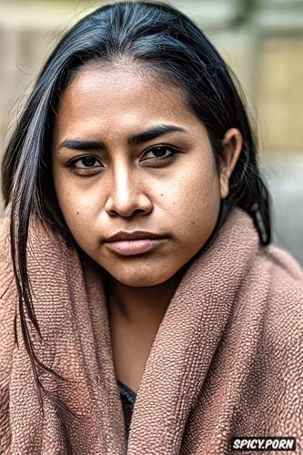 photo is taken by sony alpha asevenr iv camera, unkept, a stunning petite mexican female homeless beggar in her late teens