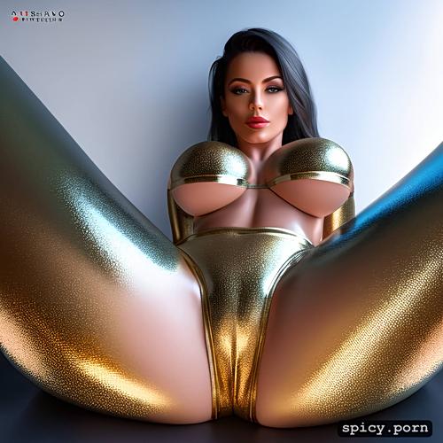 medium tits, 20 yo, pussy spread position, metallic gold leggings