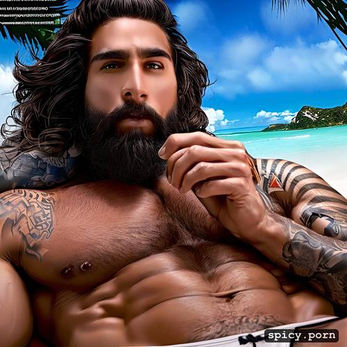 dark haired tattooed 30 year old man sergio ramos face handsome with a beard beautiful muscular pubic muscle very large erect penis on the beach