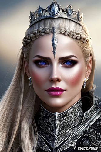 banners, confident smirk, female knight, tiara, pale skin, long silver blonde hair in a braid