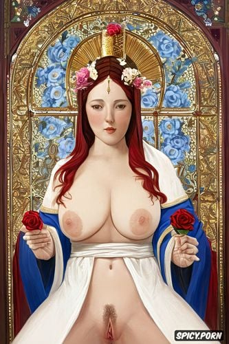 altarpiece, blue sash, realistic painting, red roses, white robe