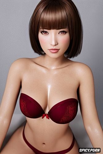 in a room and the background is out of focus, longer symmetrical bob style bangs in the front forming a v