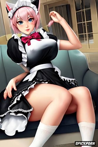 extremely realistic, cat, look at the viewer, maid, white socks